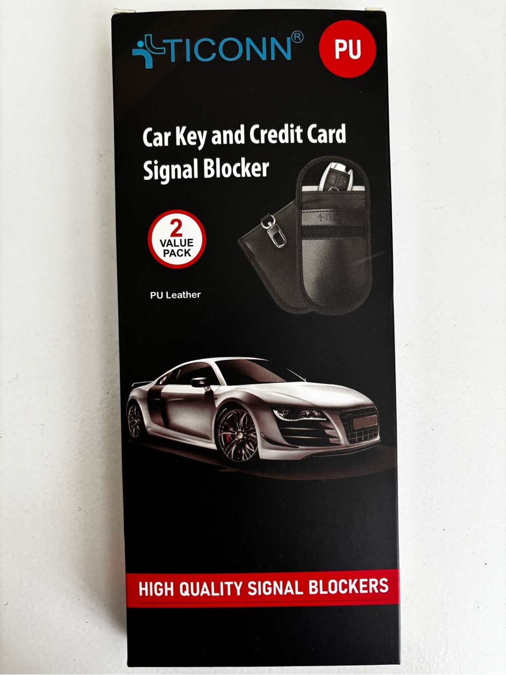 Ticonn PU Car Key and Credit Card Signal Blocking Pouch Black PU 2 Pack